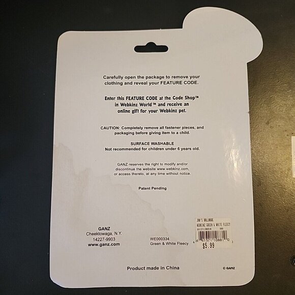 Webkinz Green and White Fleecy Shirt Top with Online Code from Ganz Plush - Picture 4 of 4